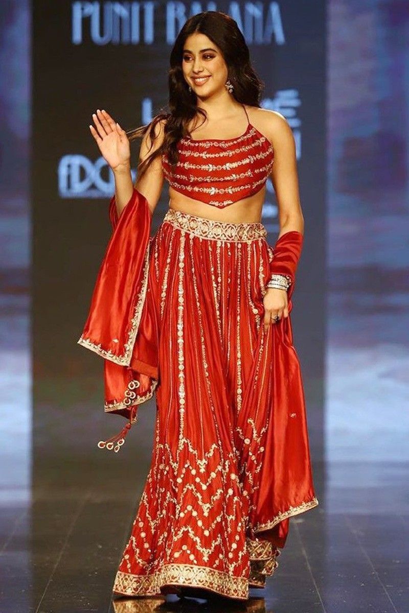 bollywood actress janhvi kapoor wear dark red sequence work lehenga choli fj102241