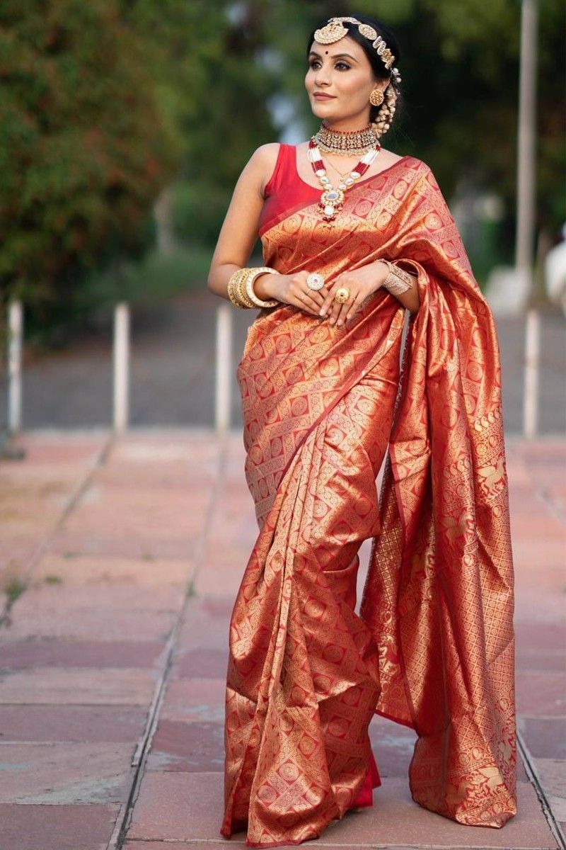 Red Saree, Gold tissue blouse – Kanika Sharma