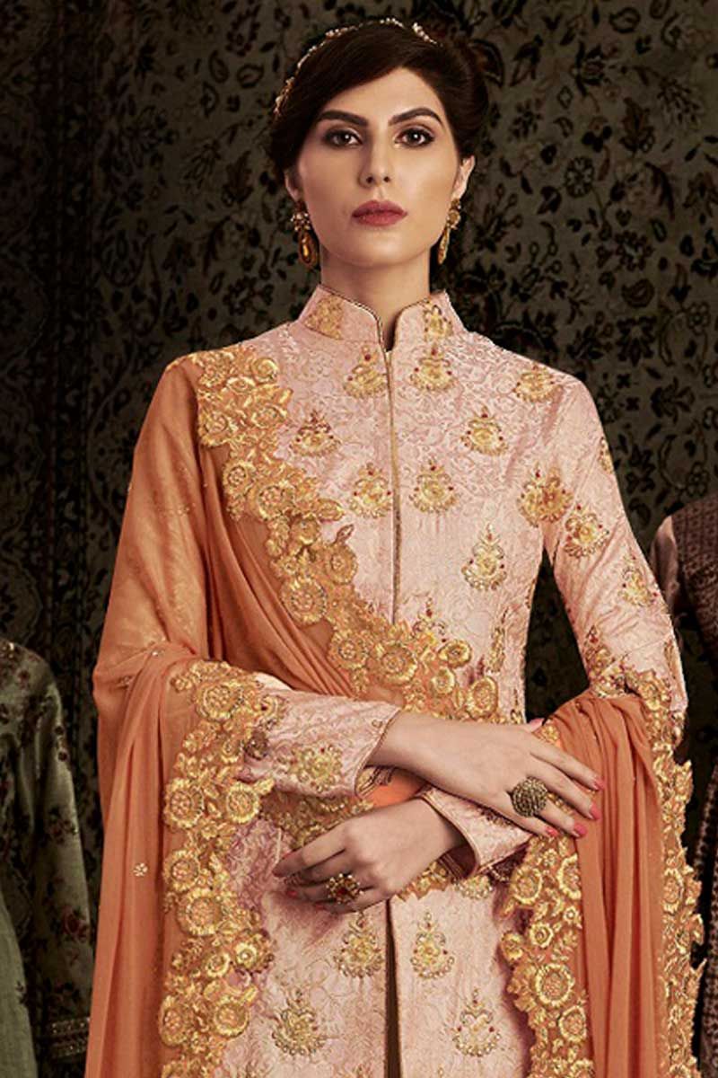 Brocade Pant Style Suit In Peach Color