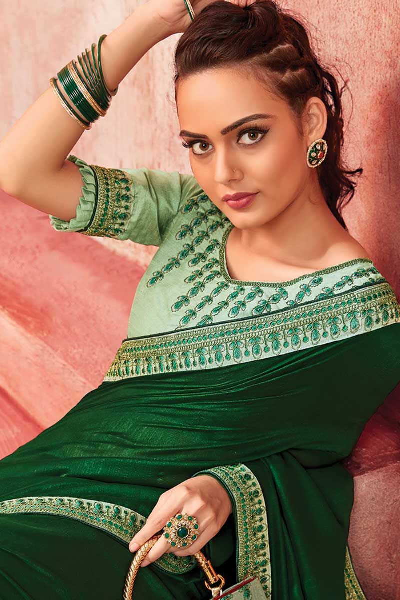 Latest Fashion Lace Printed Silk Peacock Green Saree|SARV125134