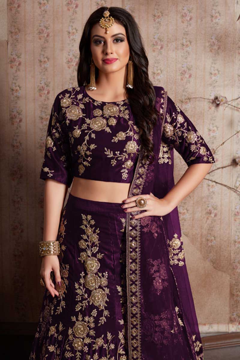 Classic Purple Color Designer Lehenga Choli With Velvet Silk