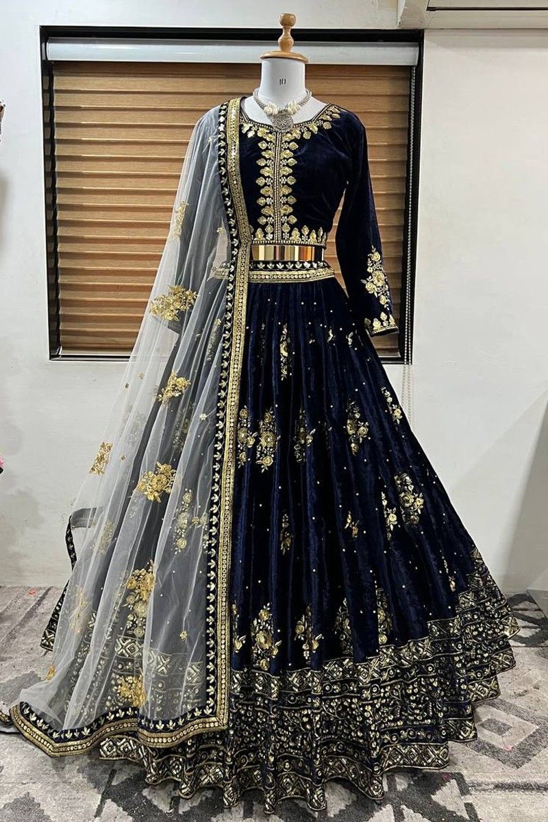 Velvet Wedding Lehenga in Blue with Zari work | Lehenga style saree, Lehenga  saree, Lehenga style