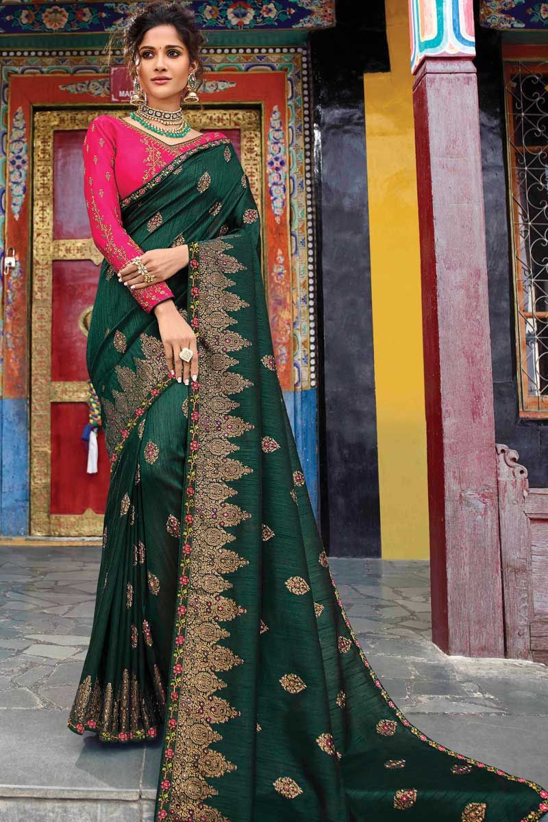 Green Saree With Dark Green Border And Bottle Green Blouse | Cash On  Delivery Available, Throughout India