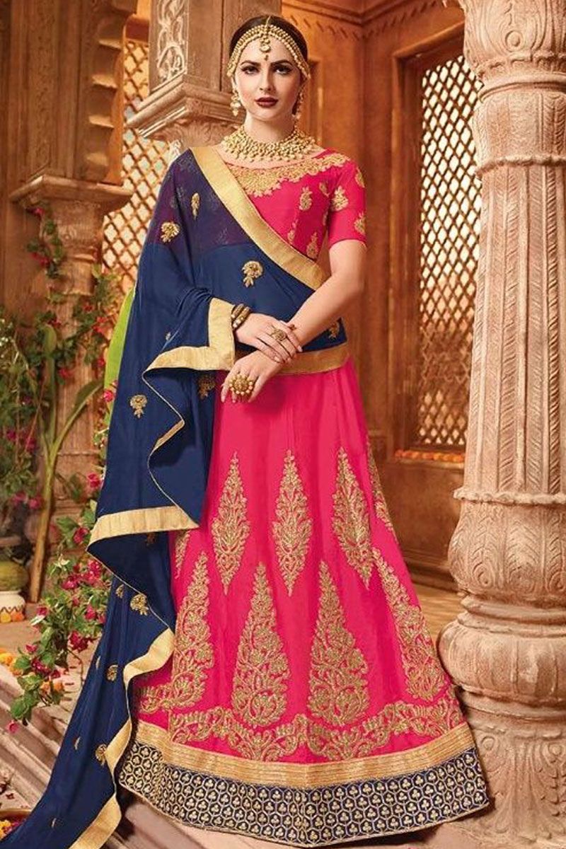 Pink And Dark Blue Colored Banarasi Brocade Lehenga – Cygnus Fashion
