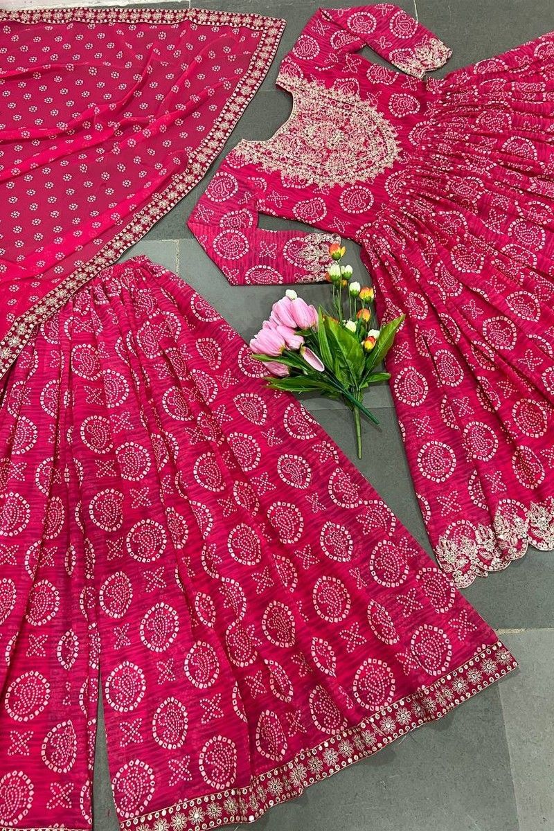 Readymade Pink Bandhani Print Cotton Palazzo Suit 3847SL07