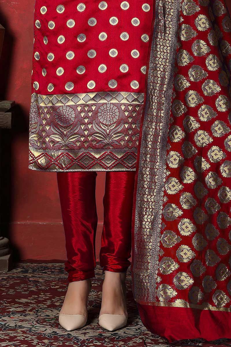 Tvis and Bliss. Red and Gold Banarasi Katan Silk Dress Material