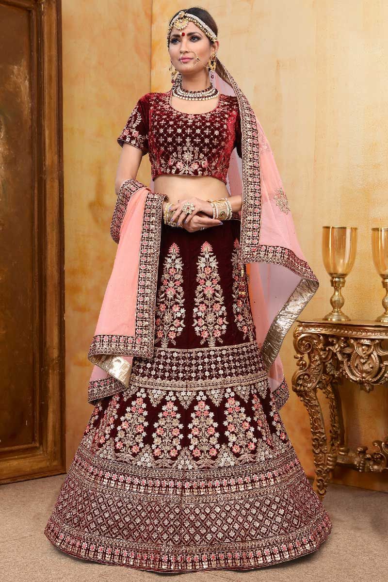 Buy NV PATEL Women's Silk Blend Embroidered Silver-Maroon Lehenga Half  Sleeve Round Neck Wedding & Festive:Party & Festive:Wedding Maroon Lehenga  Choli at Amazon.in