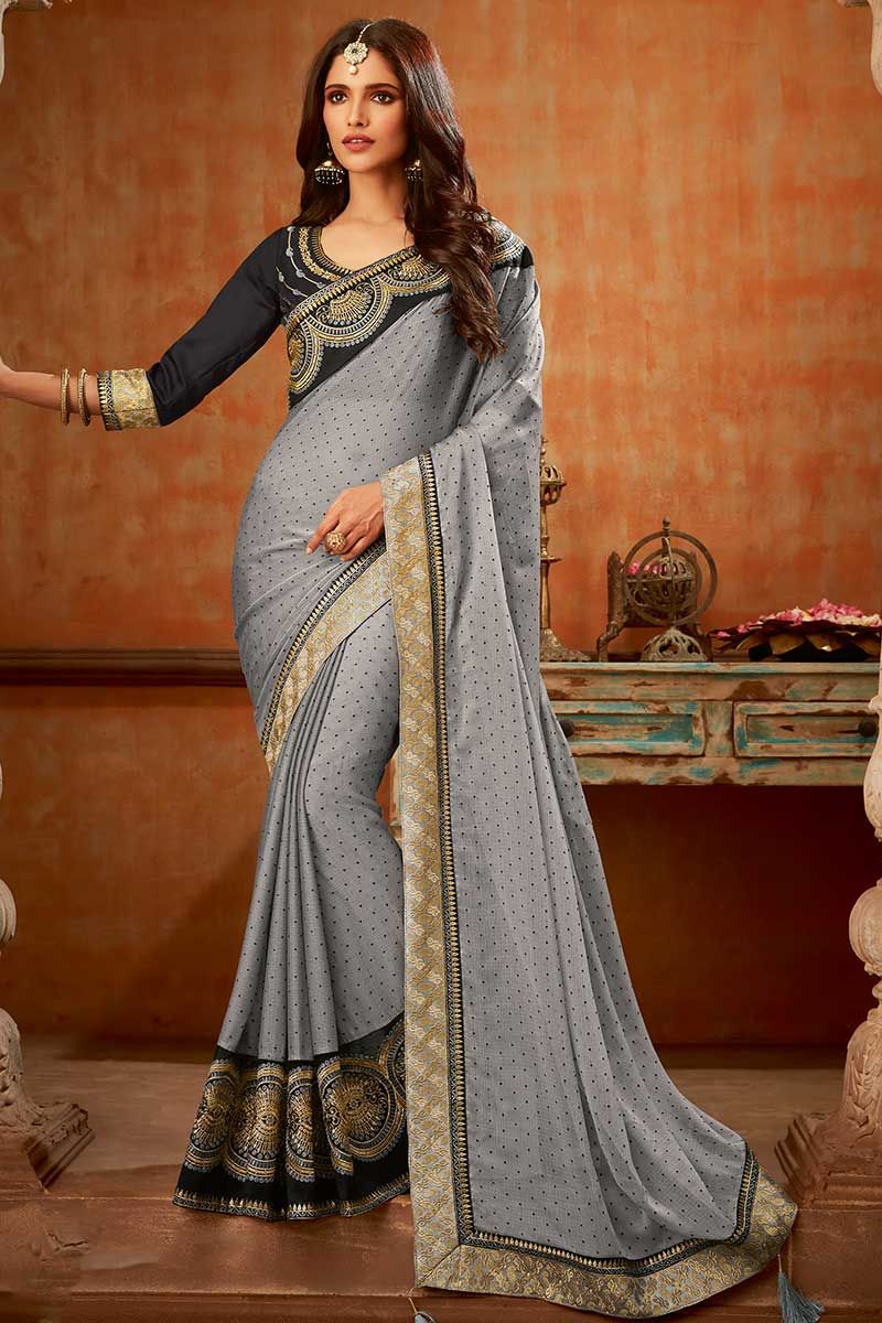 Admyrin Grey And Black Poly Crepe Sequins And Solid Designer Party Wear  Saree With Blouse Piece at Rs 2049.00 | Ikkat Saree | ID: 2849481570648