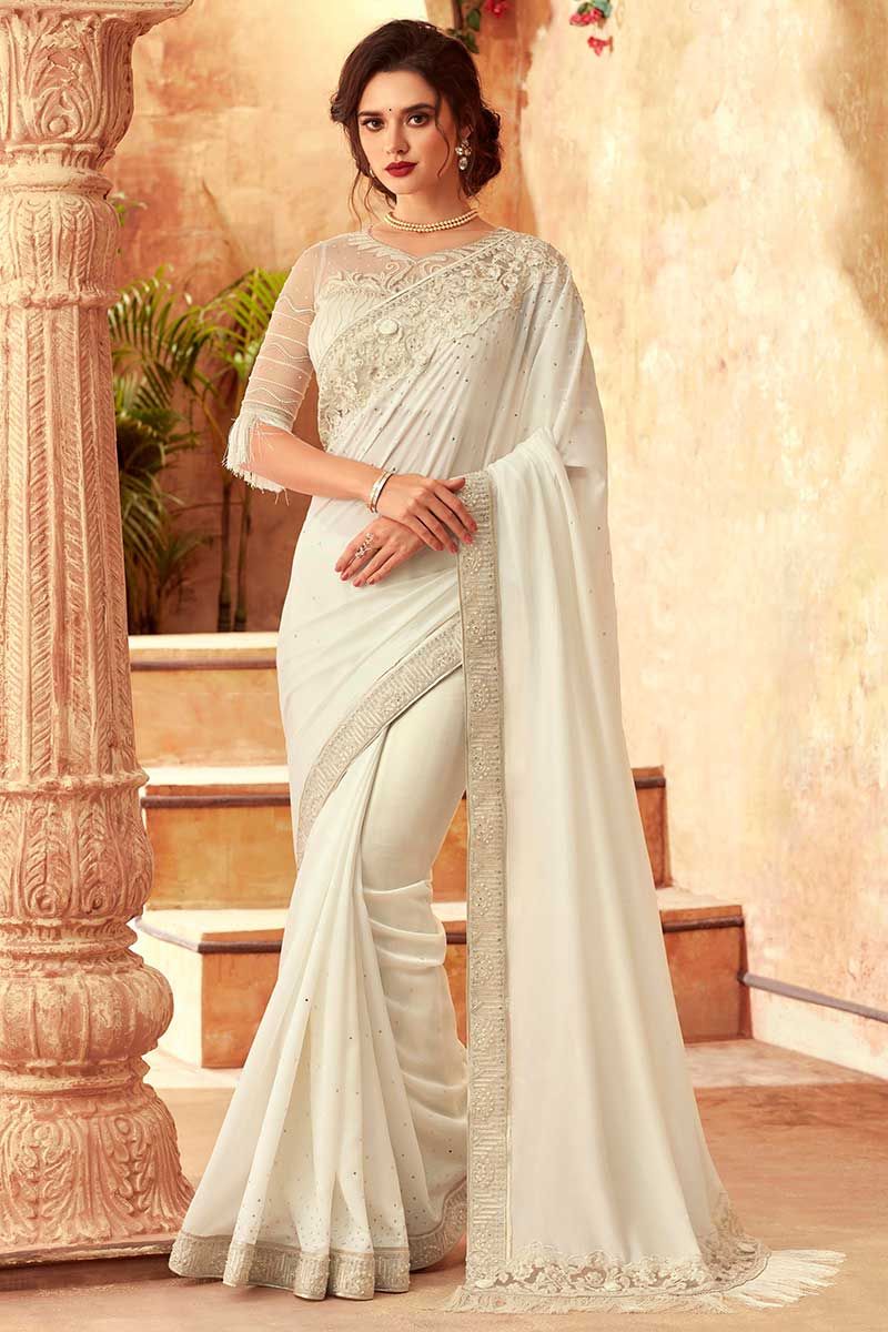 Beige Coloured Georgette Sequence Lace Embroidery work Women Bollywood –  Royskart