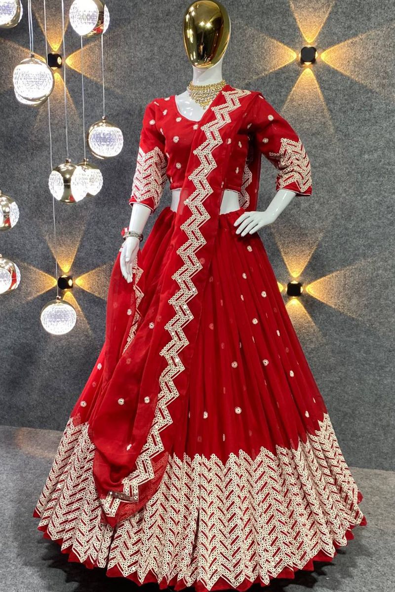 DESIGNER FANCY PARTY WEAR GEORGETTE RED LEHENGA CHOLI WITH SEQUENCE WORK 42  SIZE FULL STITCHED - shreematee - 4214975