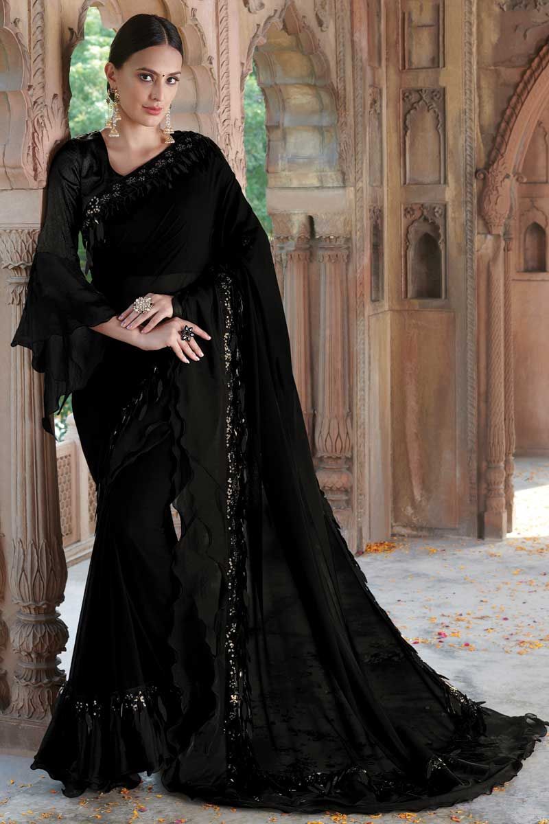 Georgette Black Color Sequence Work Party Wear Saree