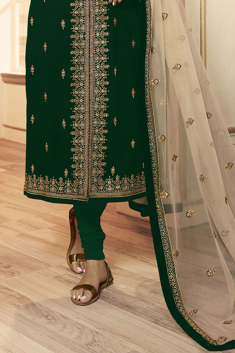 Bottle Green Kundan Button Down Kurti with Straight Pants and Maroon  Paisley Dupatta | Designer silk sarees, Long dress design, A line kurti