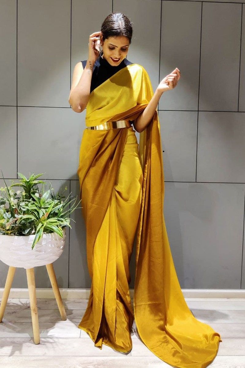 GOLD SATIN SAREE WITH EMBROIDERED BORDER – Boveee