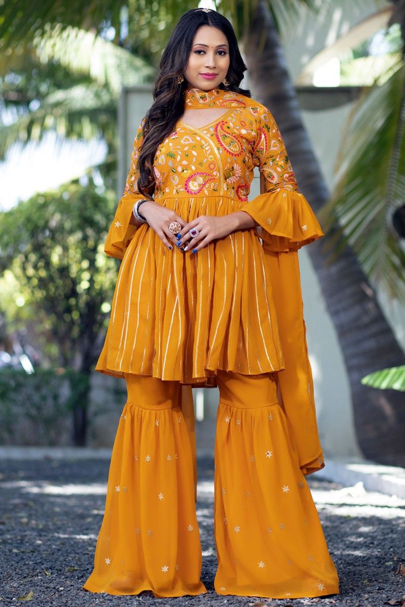 Attractive Yellow Georgette Sharara Suit For Haldi | Ethnicroop