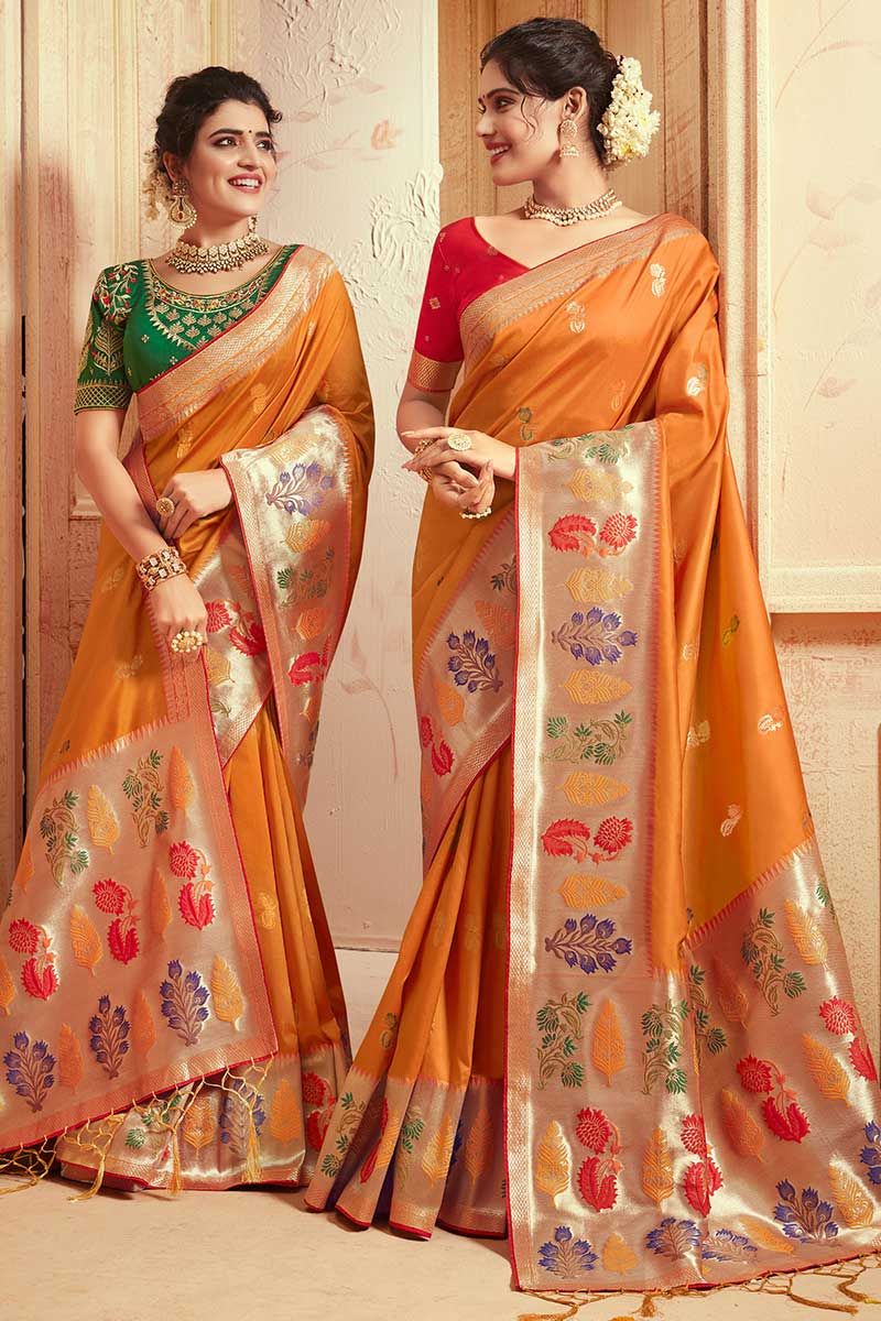 Buy Pure Handloom Organza Orange Bridal Saree Online India USA UK – Sunasa