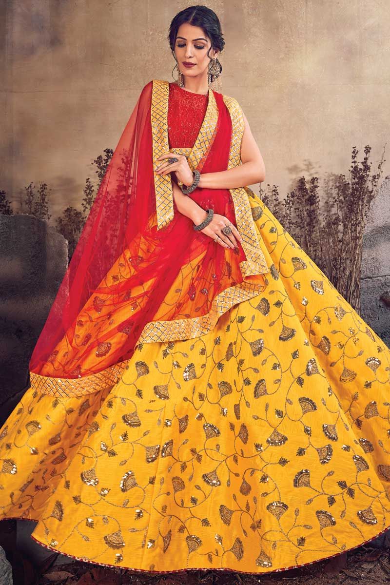 Yellow & Red Indian Pakistani Designer Lehenga Lengha Choli Dupatta Set |  eBay