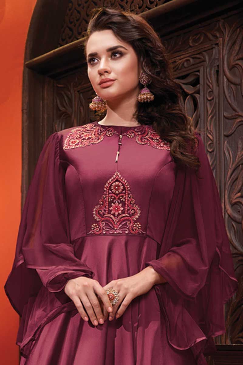 Maroon Colour Fancy Glamorous Partywear Gowns For Ethnic Looks - KSM PRINTS  - 4194510