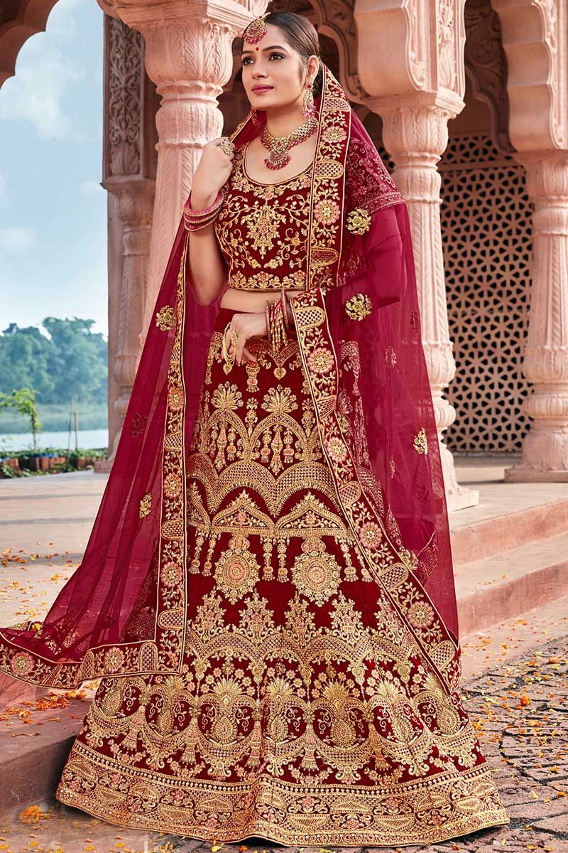 Buy Peacock Design Maroon Bridal Lehenga Choli Online India USA UK – Sunasa