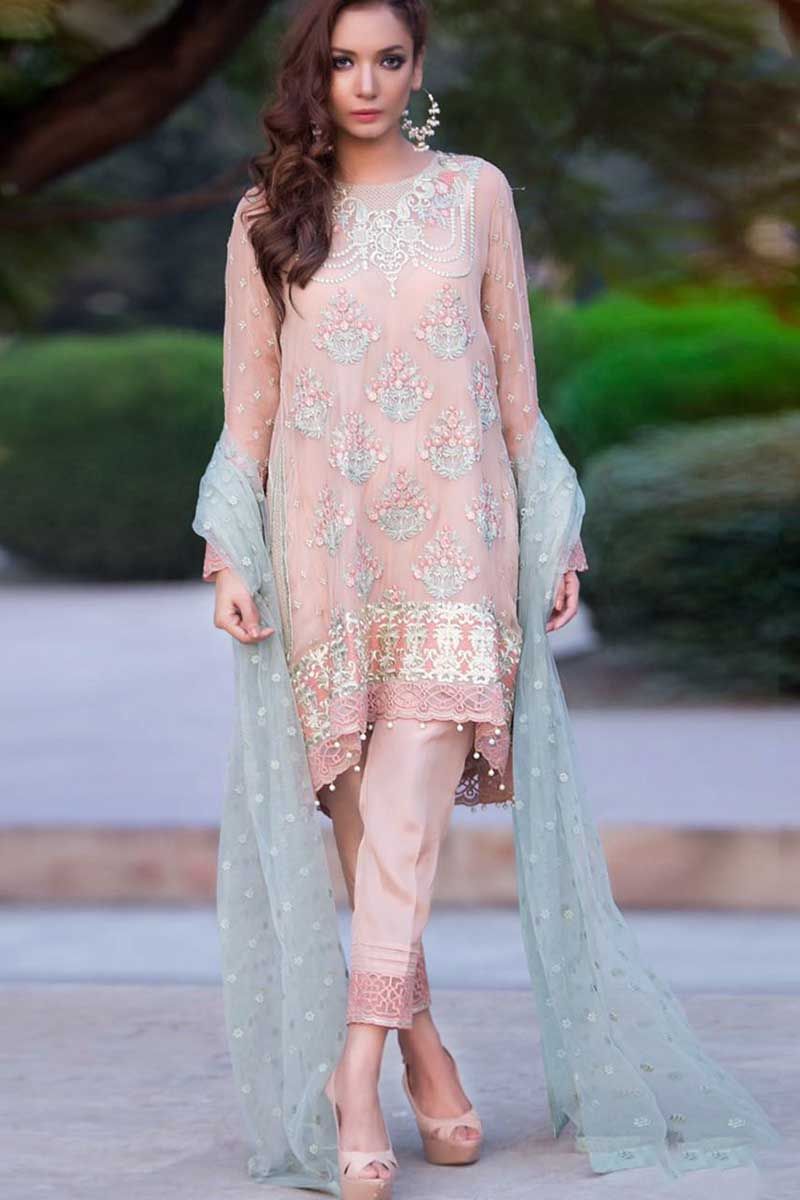 heavy embroidery work peach color pure georgette pakistani dress fj9534
