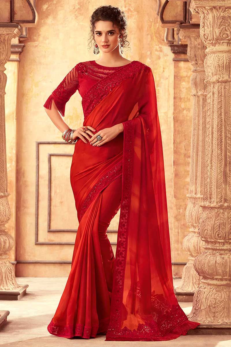 Party Wear Red Saree with Black Border | Fancy Sarees Party Wear
