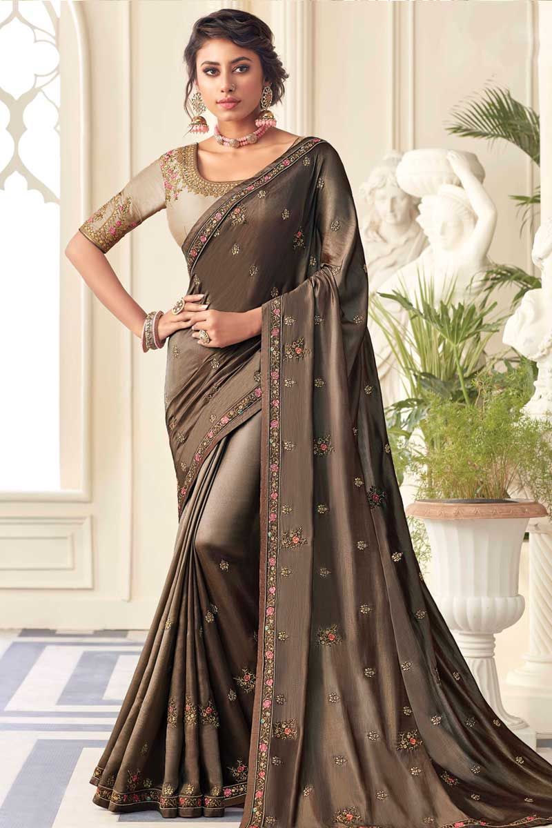 Dusty Brown Chiffon Saree with Contrast Blouse in 2023 | Party wear sarees,  Indian party wear, Saree