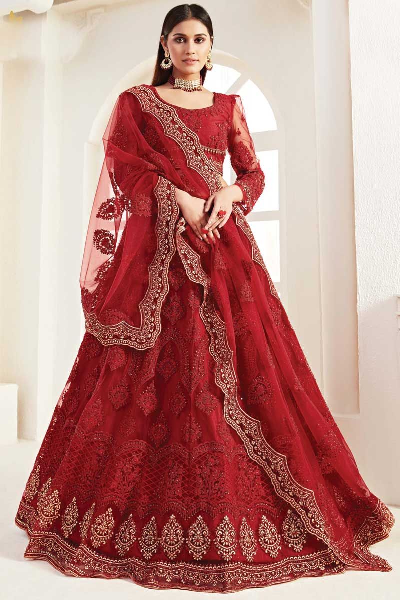 Red color Butterfly net embroidery sequence work with can can lehenga –  Ville Fashions