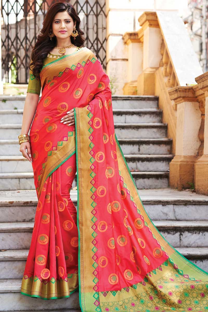 Cameo Pink Woven Banarasi Art Silk Saree – MySilkLove