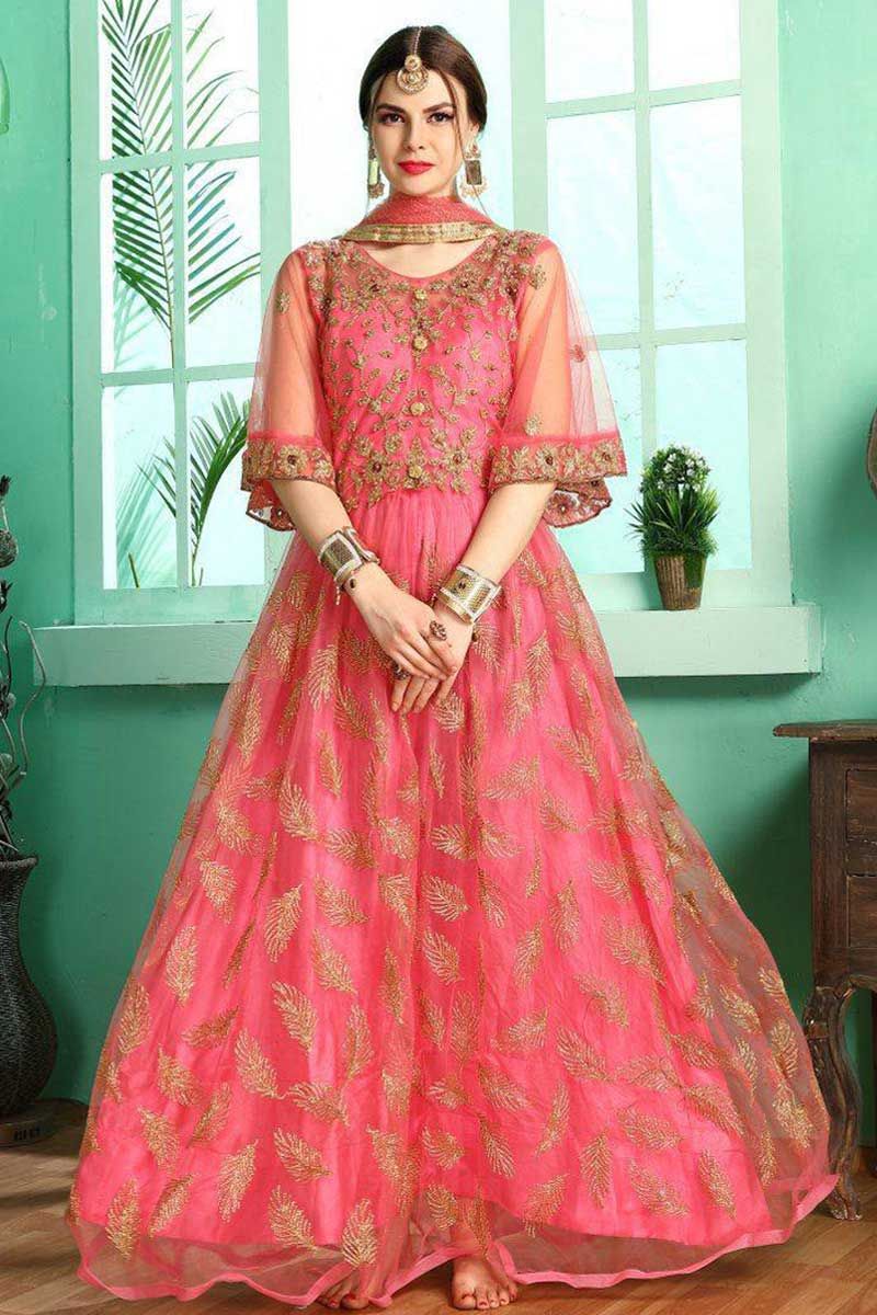 Pink Colour Embroidery Work N Printed Satin Silk Designer Party Wear Gown