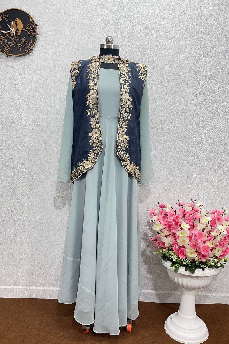Muslin Digital Print Jacket Style Gown In Grey Colour