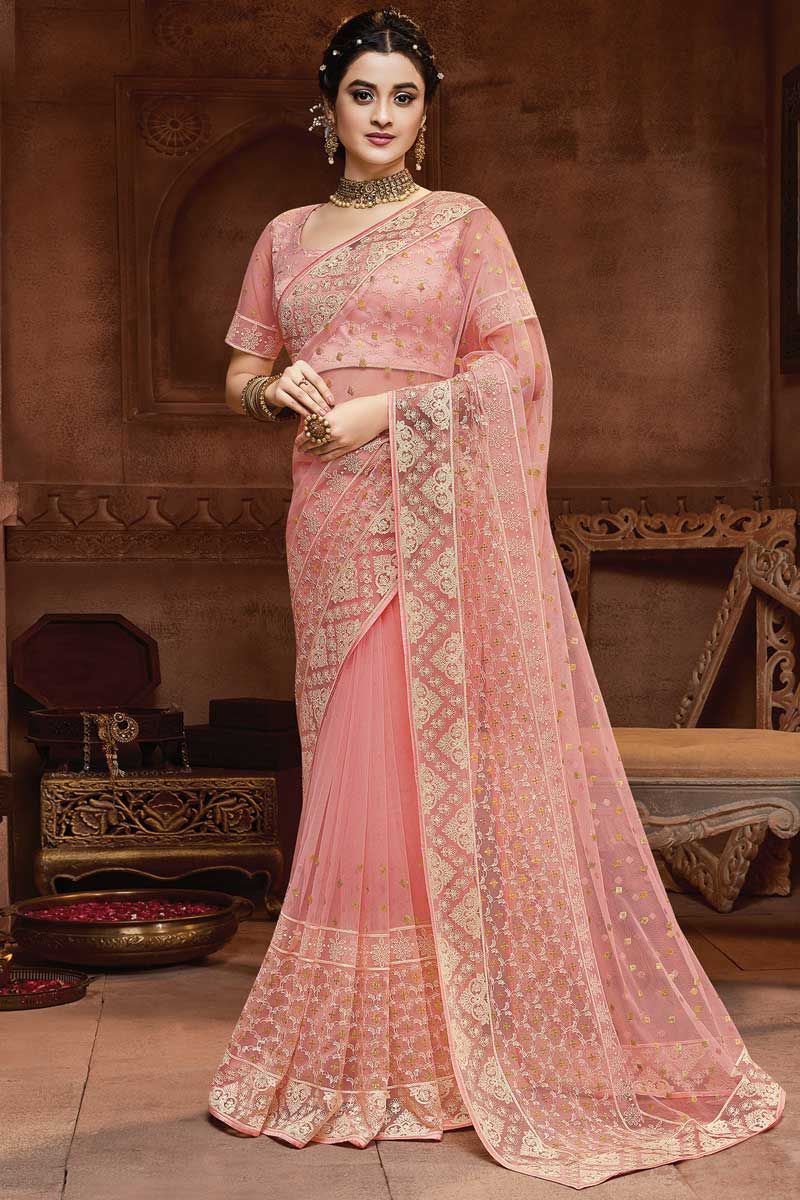 Pink net party wear saree 21304