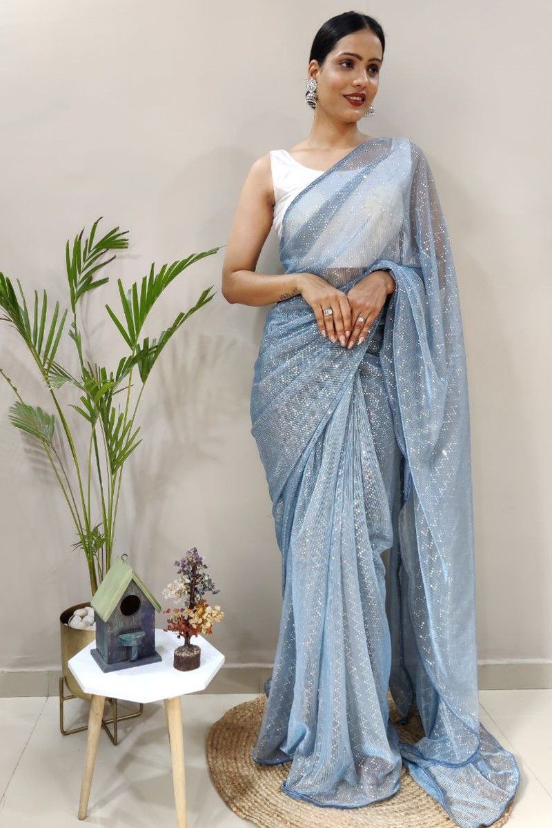 Sky Blue Lichi Silk Saree With Box Design – Cygnus Fashion