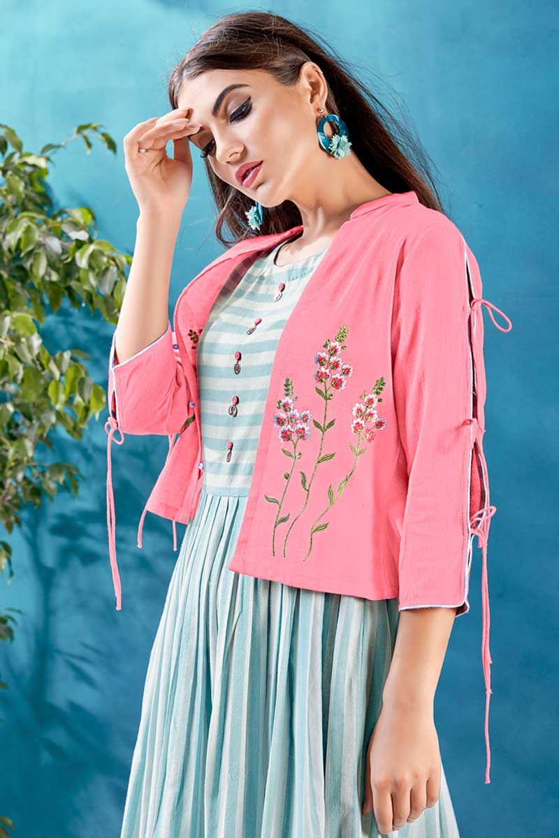 Buy Off White Cotton Frock Style Kurti With Jacket Online - LKV0090 |  Andaaz Fashion