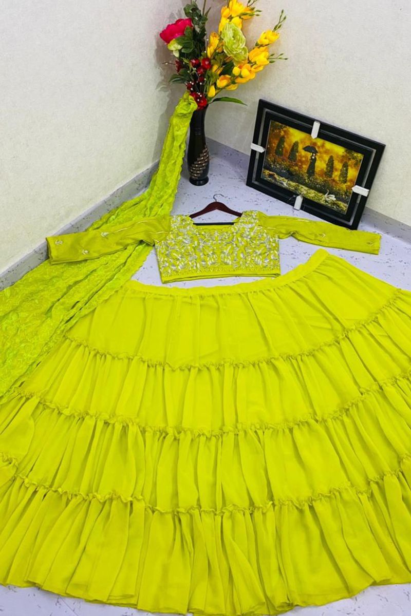 KRMF 1263 HEAVY GEORGETTE EMBROIDERY LATEST EXCLUSIVE READYMADE DESIGNER  PARTY WEAR WEDDING HALDI CEREMONY SPECIAL RUFFLED LEHENGA WITH KOTI AND  BLOUSE LATEST FASHION CLOTHES SUPPLIER IN INDIA USA UK - Reewaz  International |