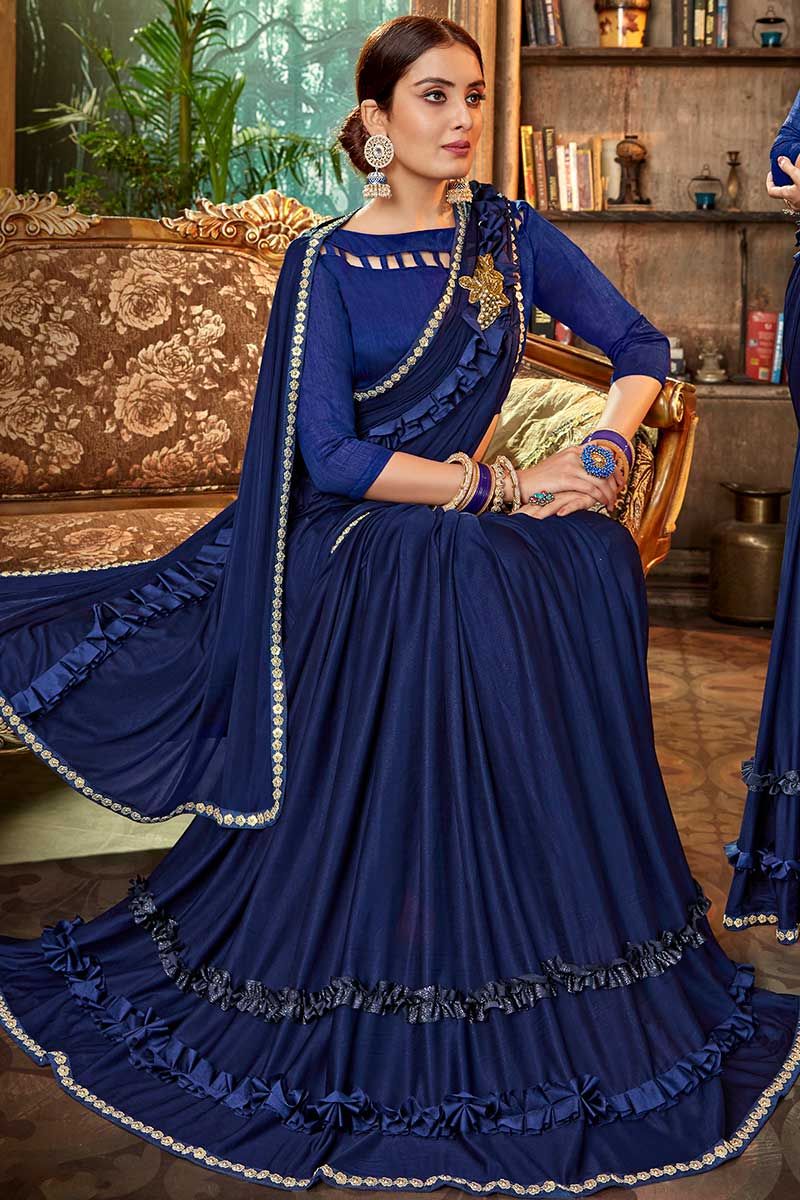 Stunning Blue Color Fancy Sequence Work Party Wear Sarees