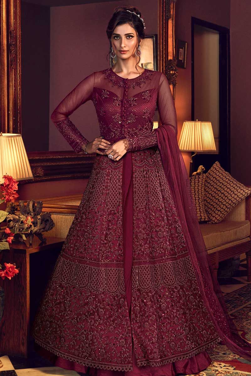 Beautiful Maroon Color Heavy Faux Georgette Gown