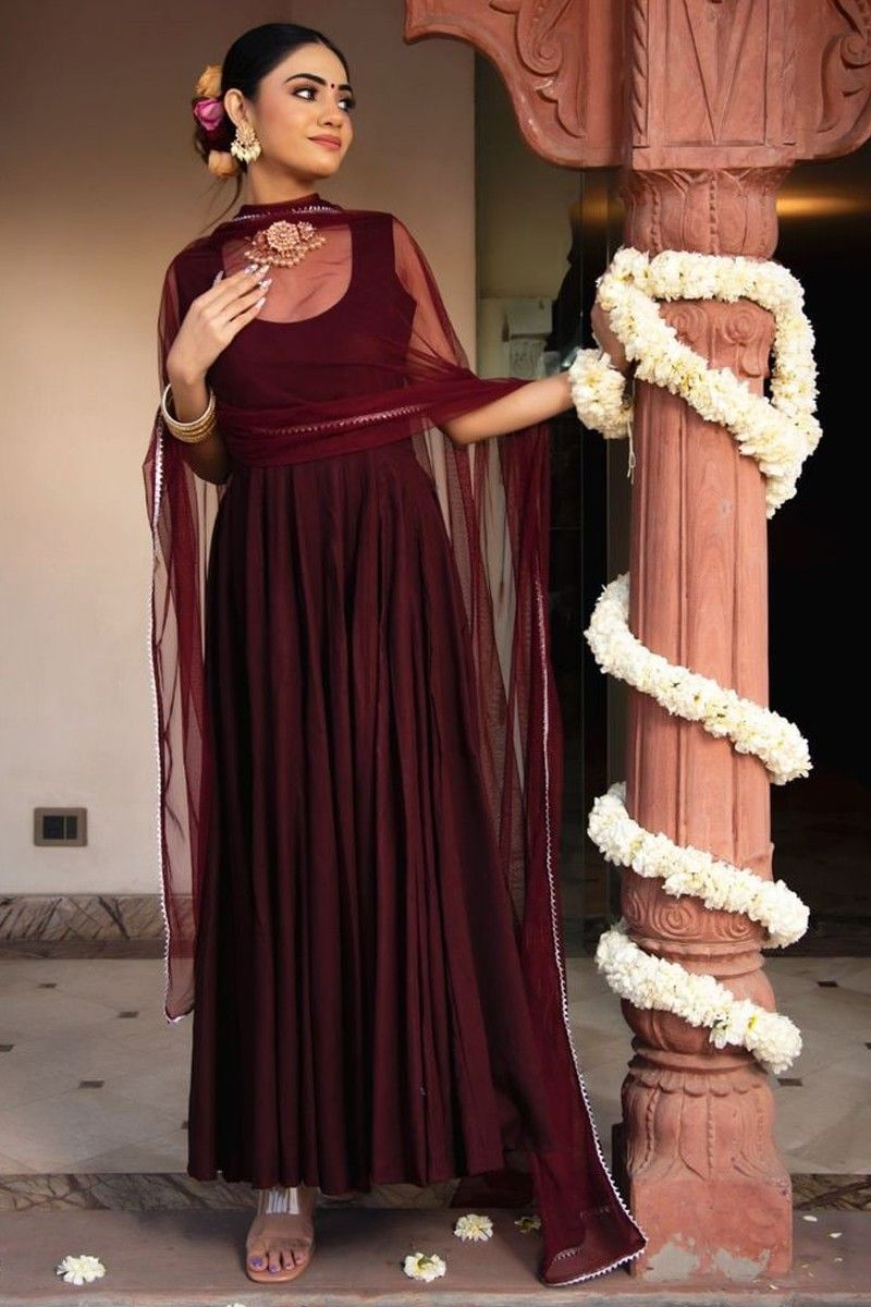 Nidhi Shah Maroon Color Art Silk Fabric Elegant Party Look Anarkali Su