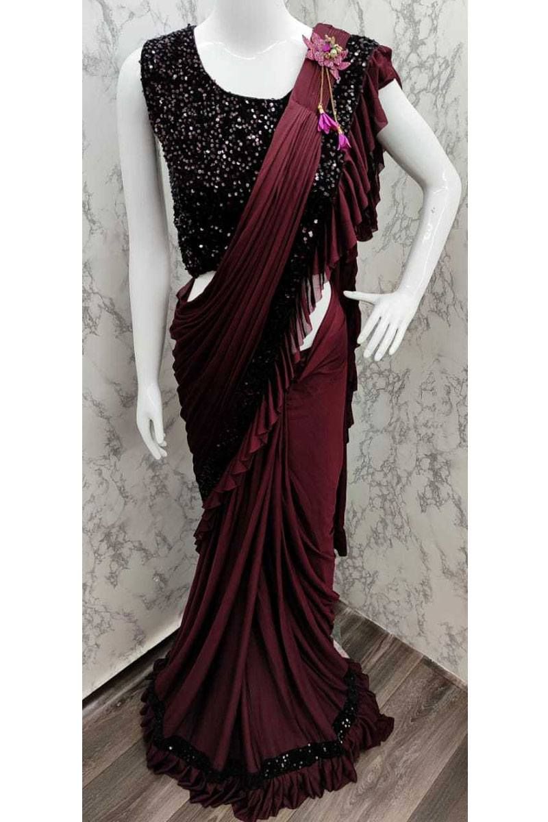 Maroon Sequence Work Lace Lovely Ruffle Saree