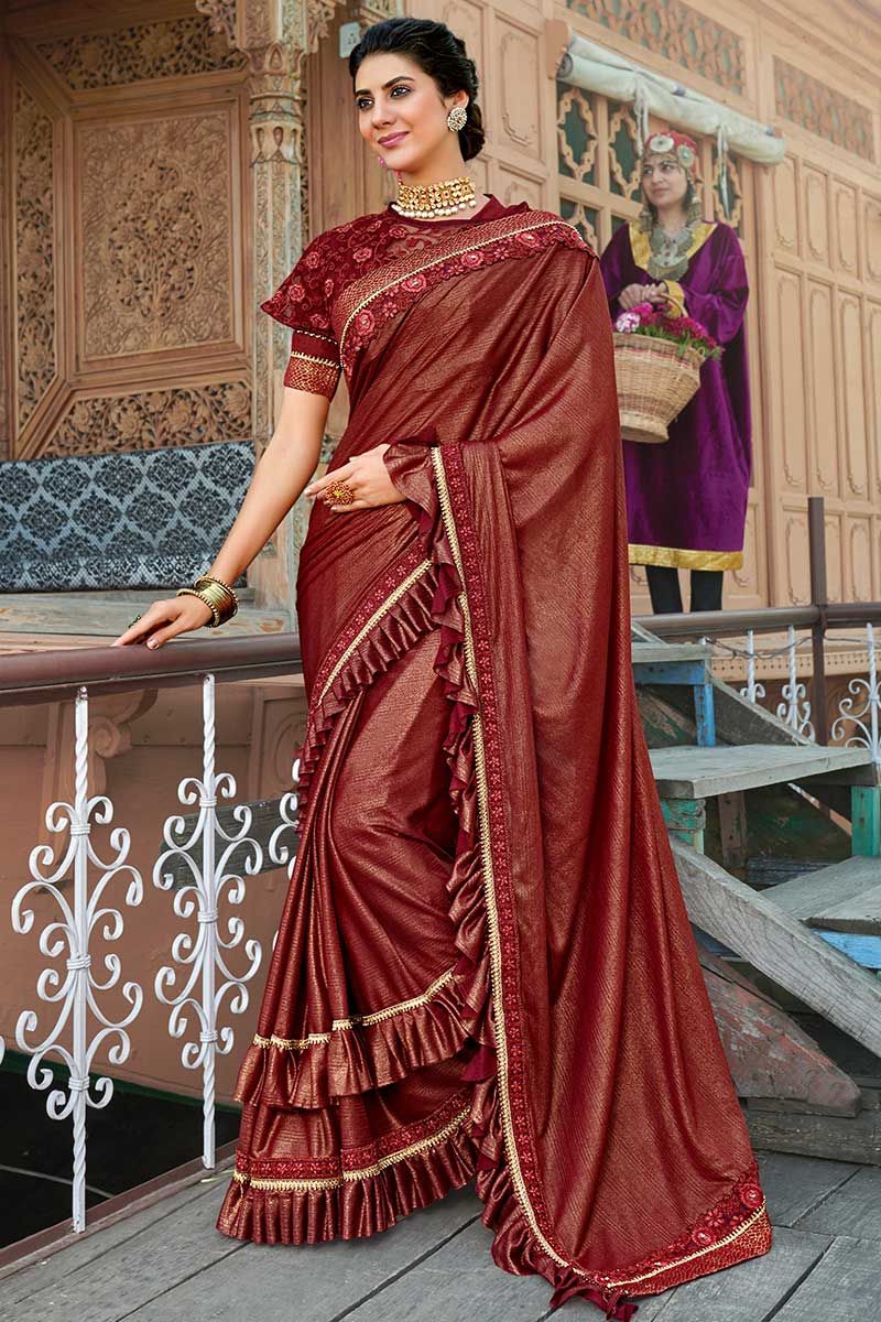 Buy Lavanya The Label Brown Organza Ruffled Saree & Belt with Stitched  Blouse (Set of 3) online