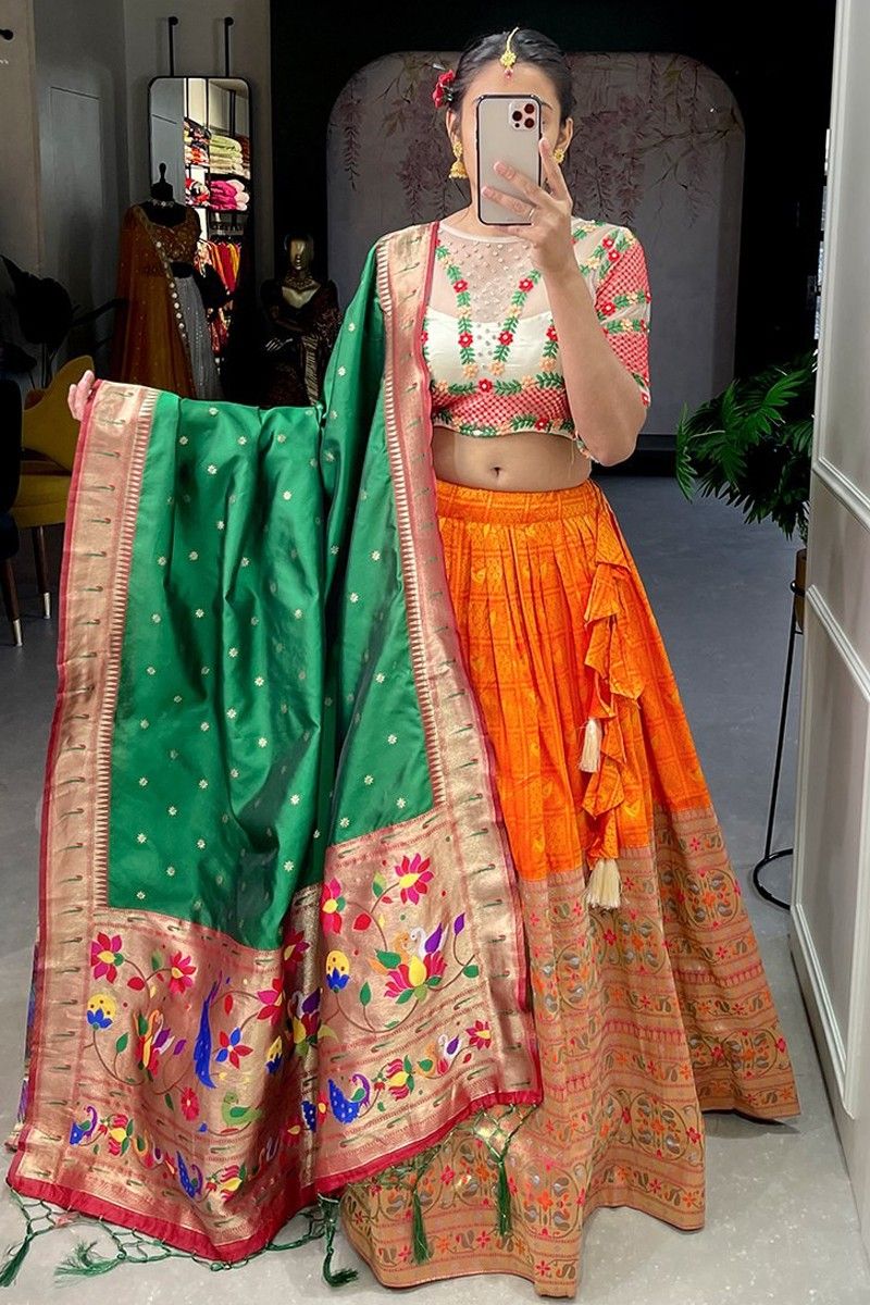 Orange And Green Lehenga Choli Giving Perfect Wedding Wear Look |  AalayaaOnline