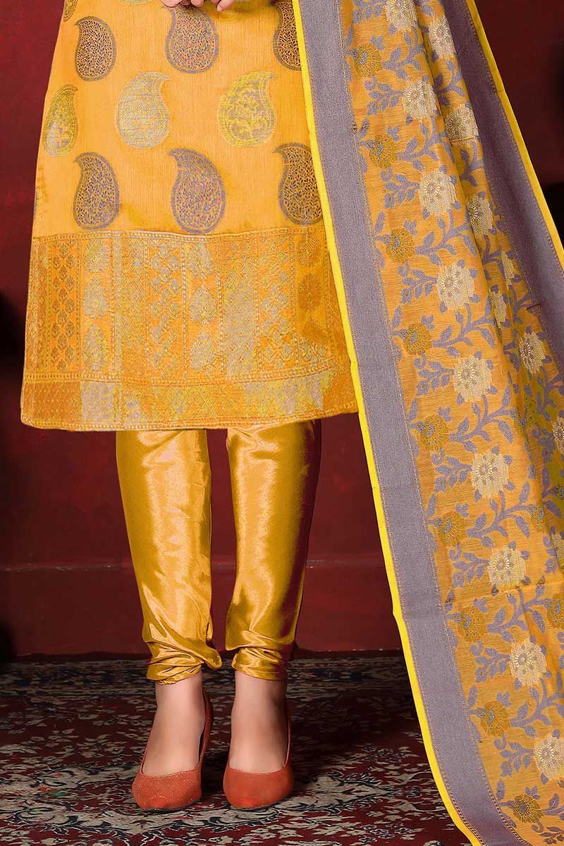 Banarasi Silk Woven Designer Suit In Yellow