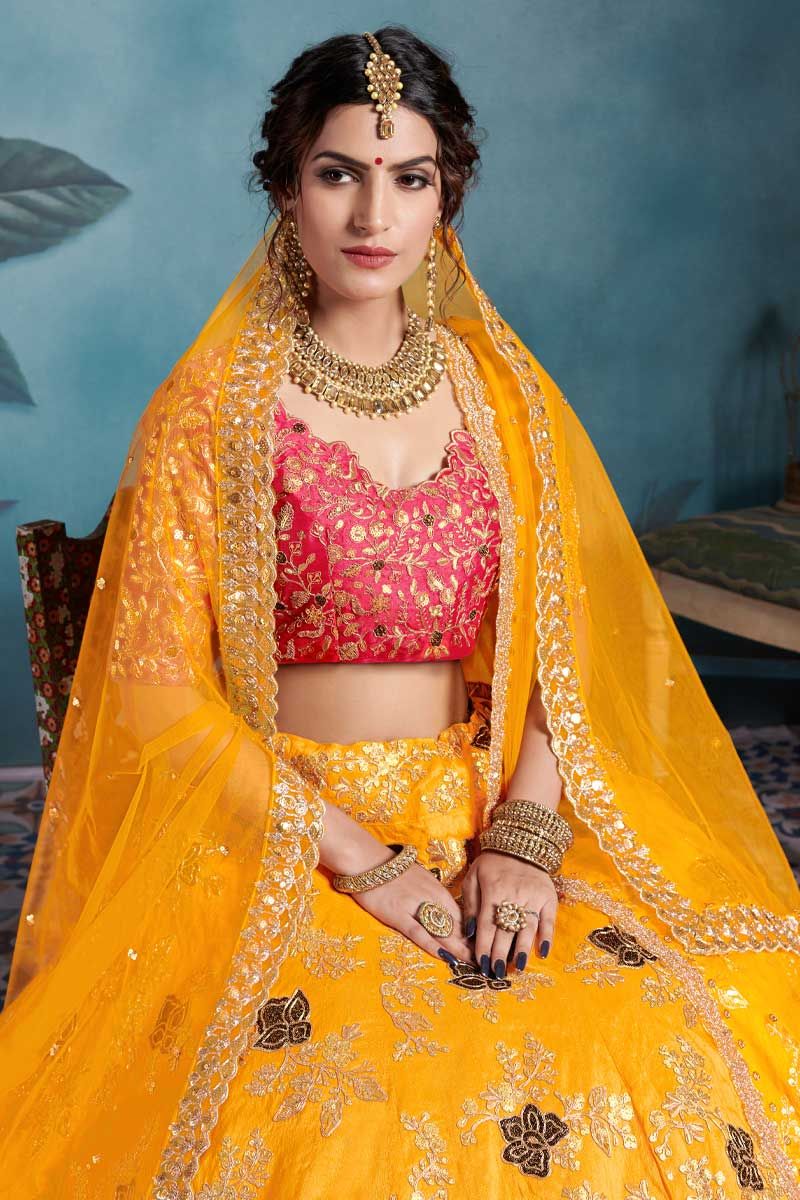 Buy Yellow Raw Silk Embroidered Floral Motifs V Aubre Bridal Lehenga Set  For Women by Dolly J Online at Aza Fashions.