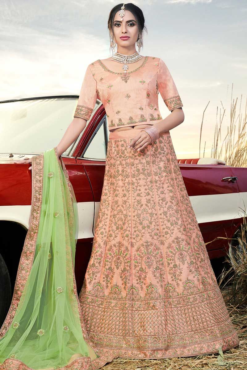 Peach color heavy designer lehenga for engagement and wedding – Joshindia