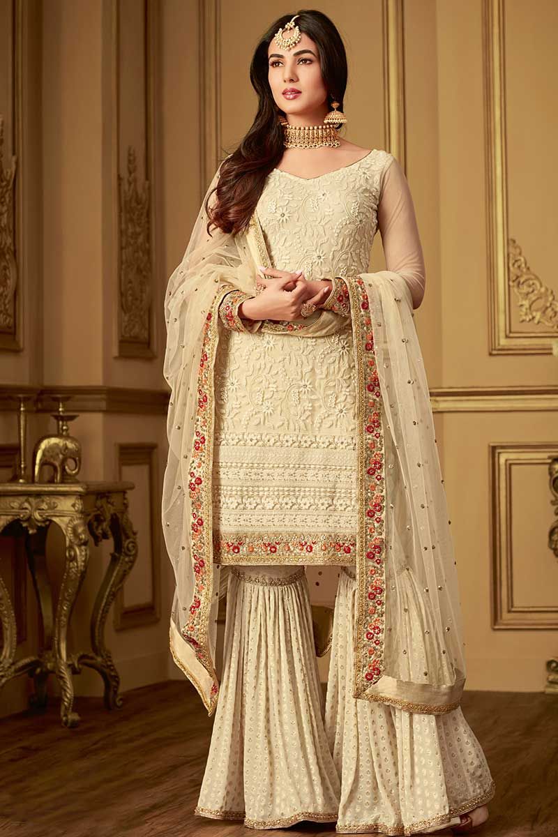 Net Sharara Salwar Suit Cream Color With Embroidery Work