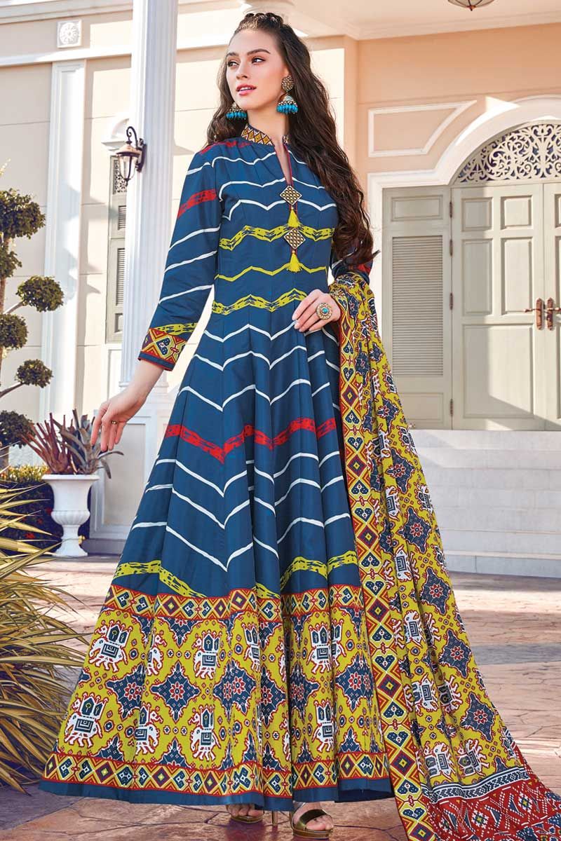 New Arrival Of Readymade Blue Soft Silk Designer Printed Gown
