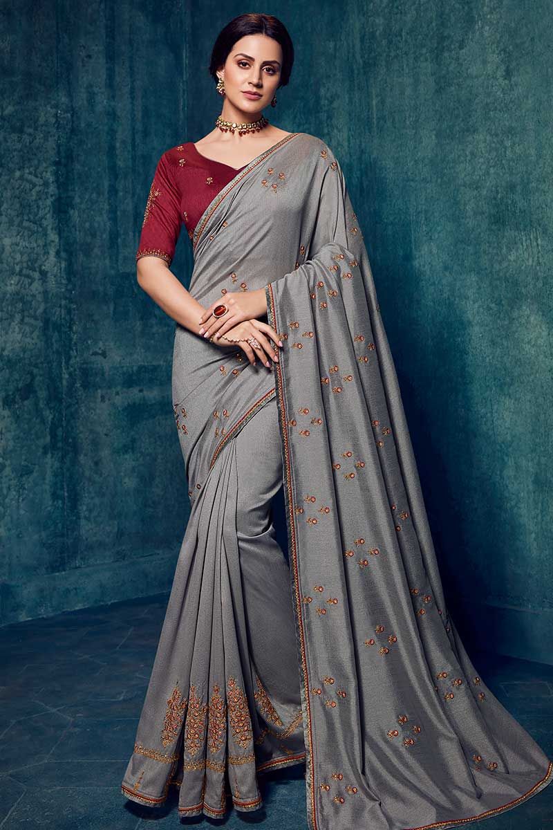 New Saree Design With Dola Silk Grey Color