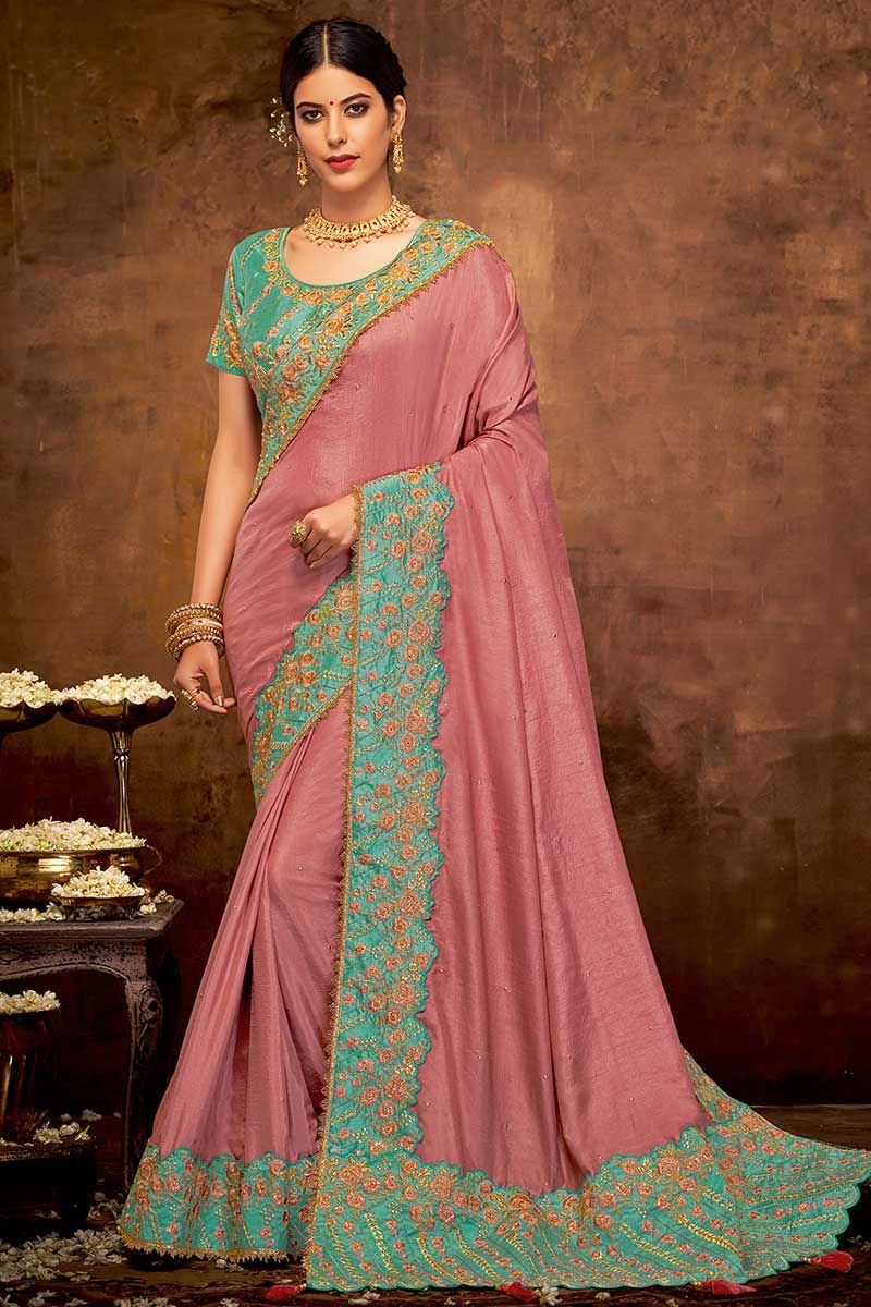 Onion Pink Georgette Sequenced Saree With Blouse Piece. - VALAM PRINTS -  4199228