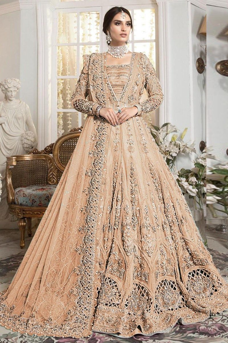 Soft Premium Net Wedding Wear Readymade Gown in Yellow with Embroidery & Stone  work - Sale