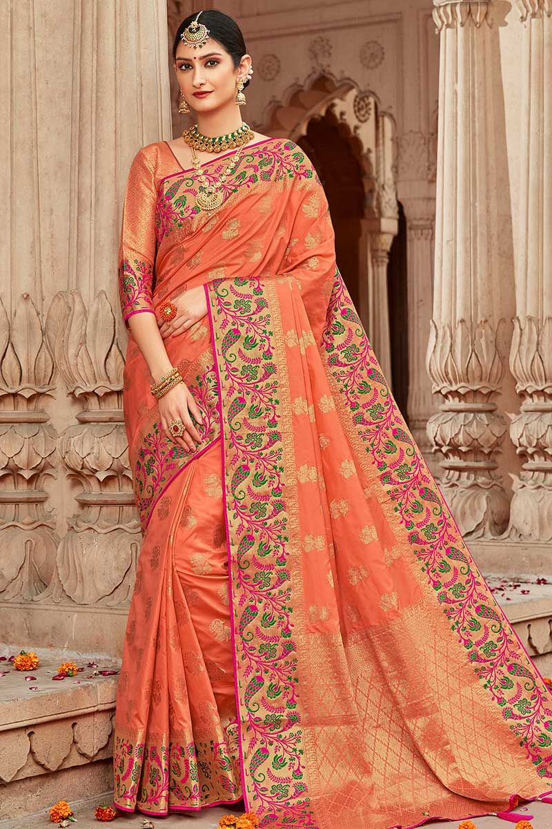 Embroidered Orange Saree With Contrast Blouse