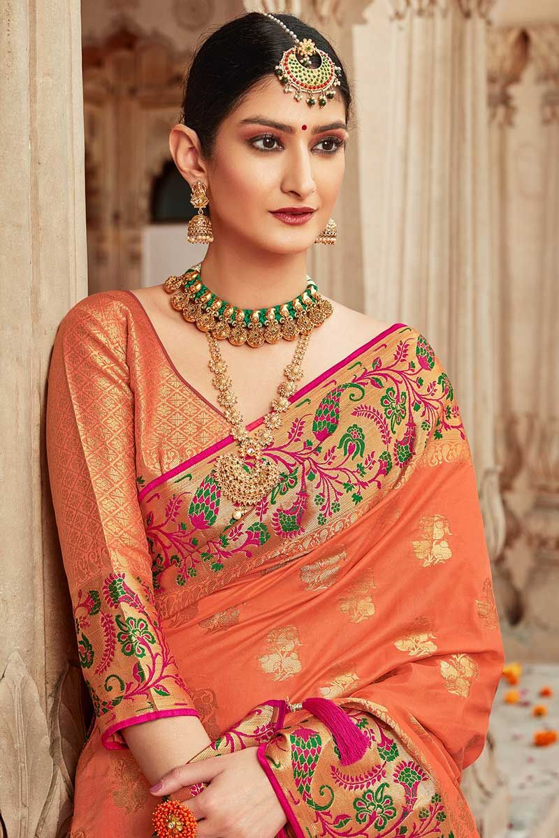 Indian Wedding Saree - Banarasi silk orange saree paired with pink matching  blouse adorned with weaving. . . Price: US$ 119.90 . . Product Code:  1622362 . . #indianweddingsaree #silk #saree #sari #