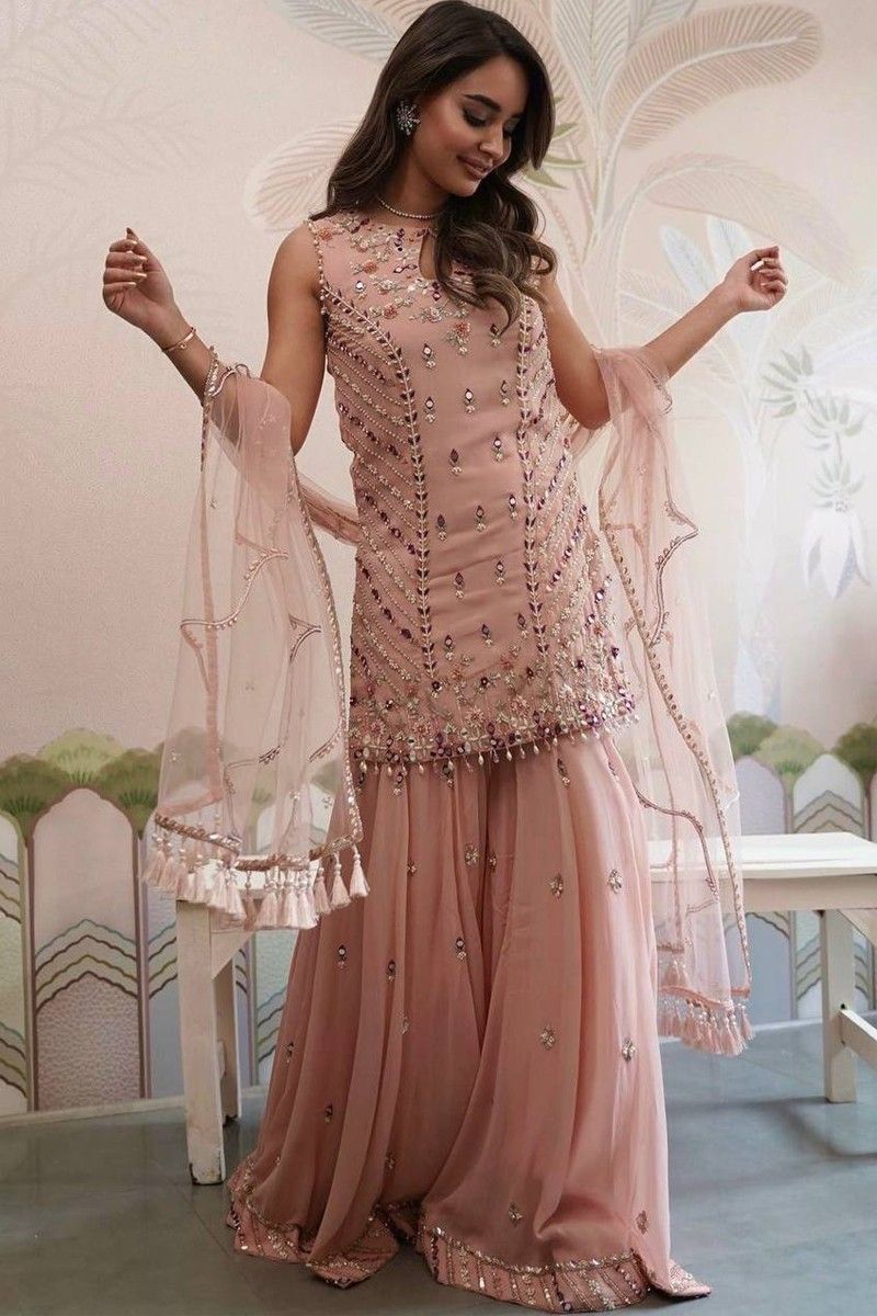 Label Kanupriya Sharara Set  Buy Label Kanupriya Light Pink Gota Patti  Frock Style Sharara Set Set of 3 Online  Nykaa Fashion